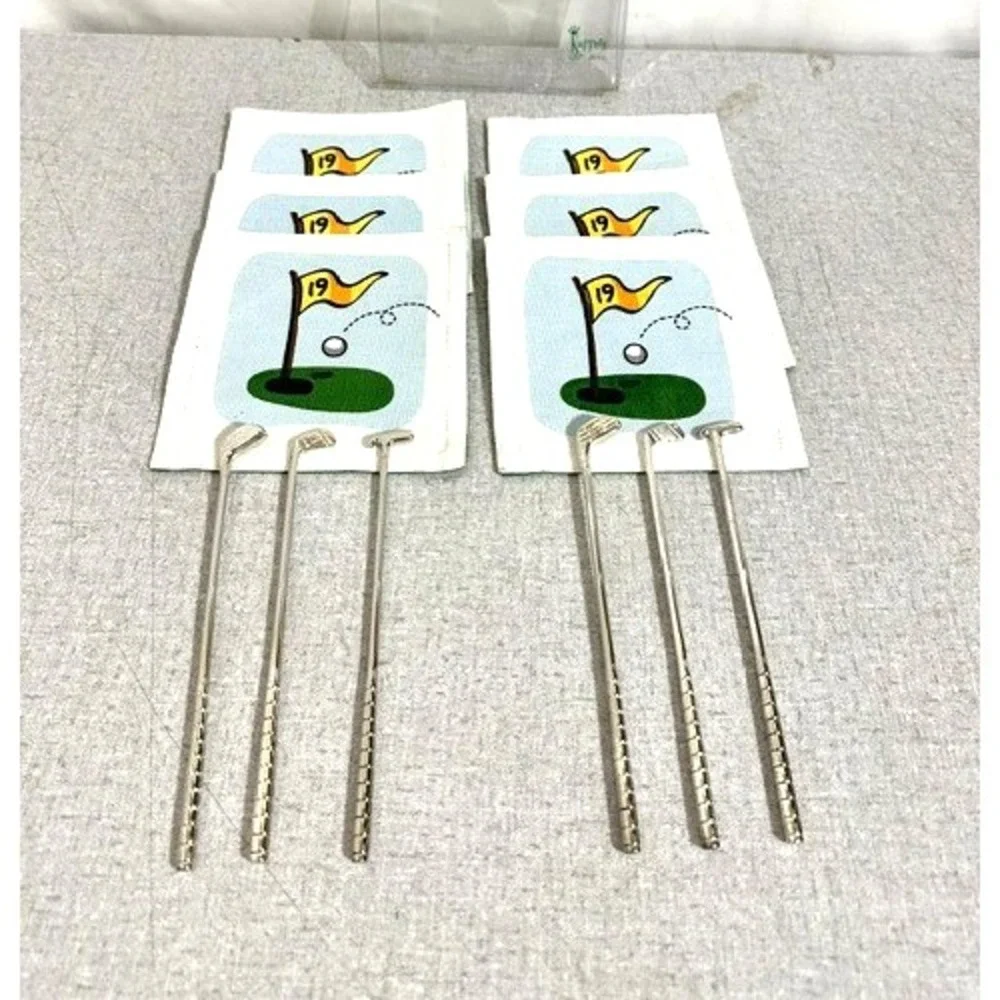 6 Cotton Cloth 19th Hole Drink Coasters & Set of 6 Golf Club Drink Stirrers
